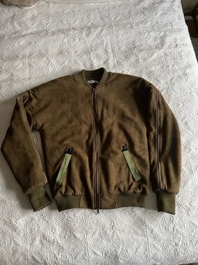 KOLLAR Men's Olive Brown Suede Bomber Jacket - Zipper Details On Sleeve